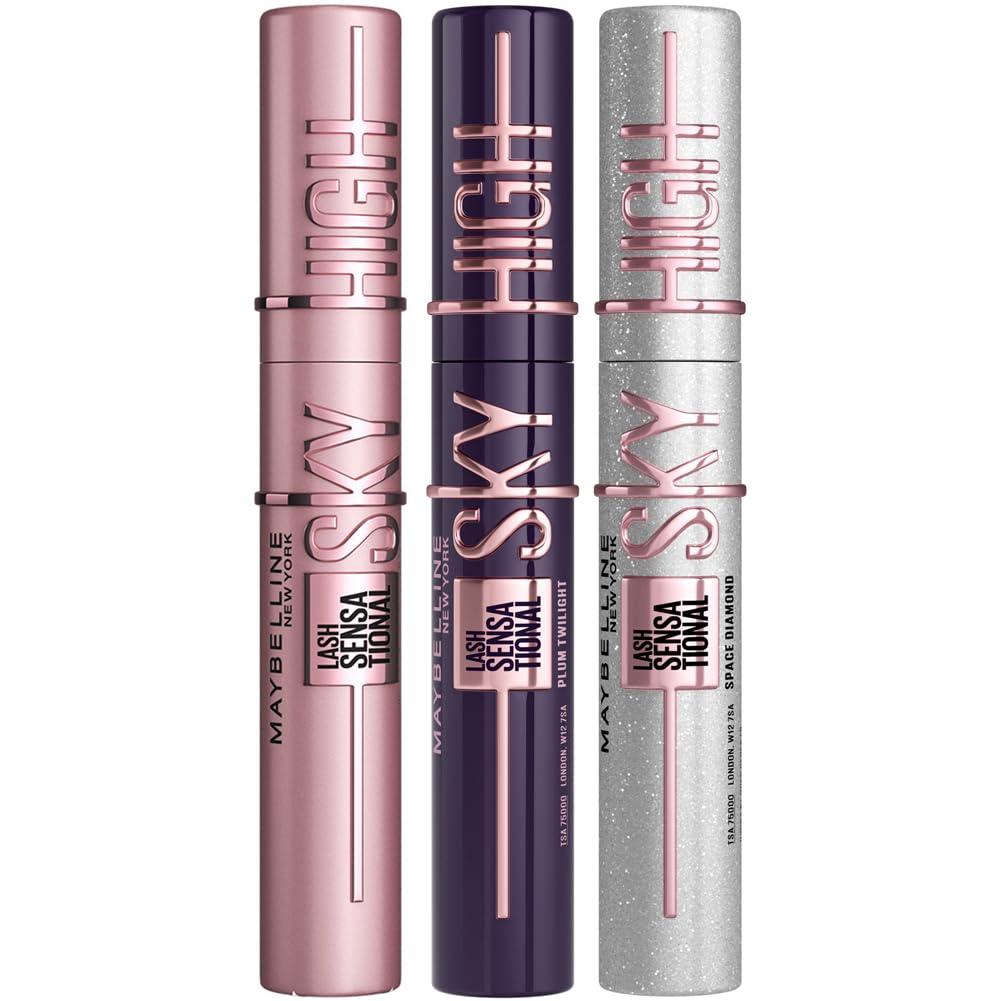 Maybelline New York Lash Sensational Sky High Mascara, Volumising & Lengthening, Washable Flake-Free Formula: Black + Plum Twilight + Space Diamond (Trio Bundle)