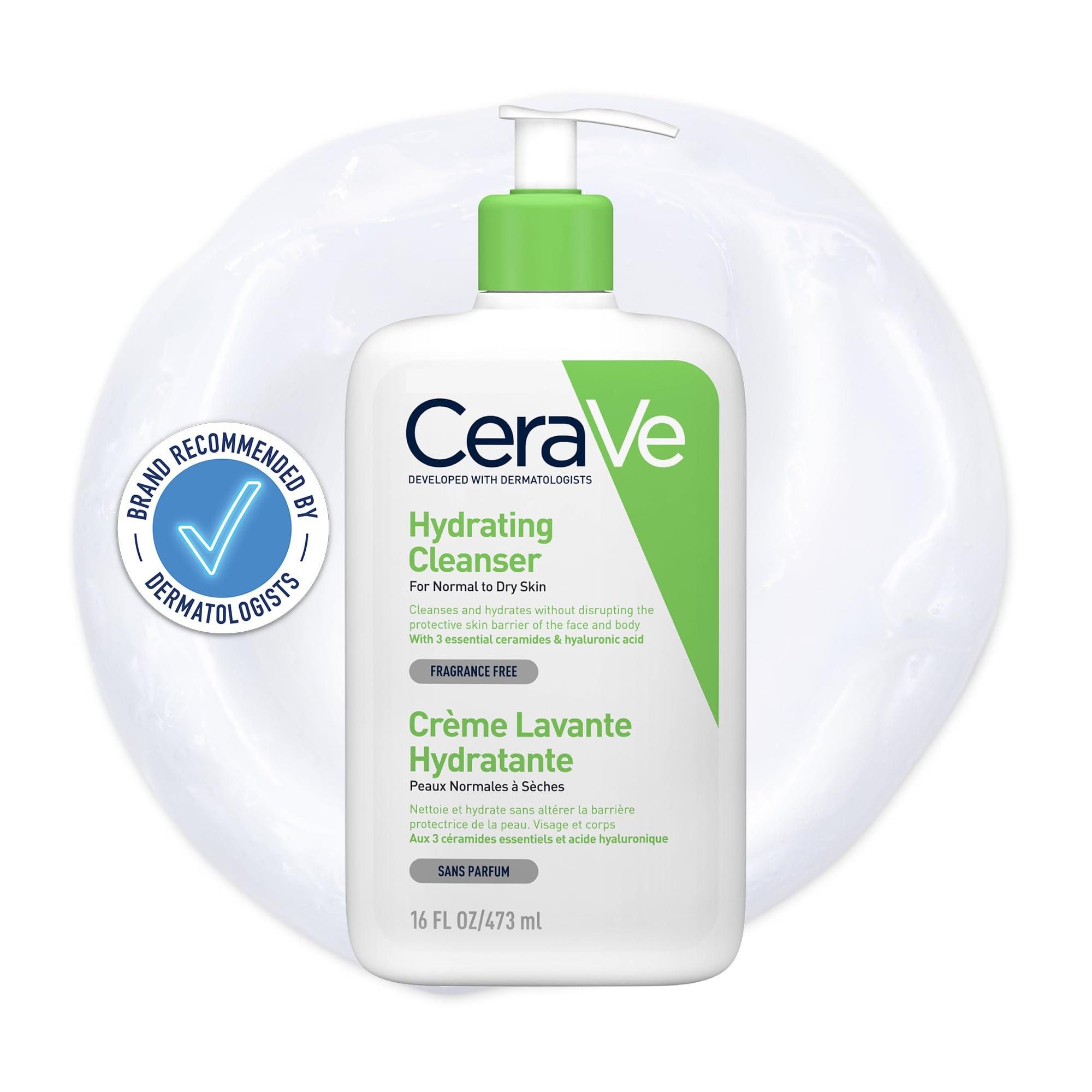 CeraVe Hydrating Cleanser, Face & Body, With 3 essential ceramides & hyaluronic acid, Fragrance & soap free, For normal to dry skin, 473 ml/16 oz