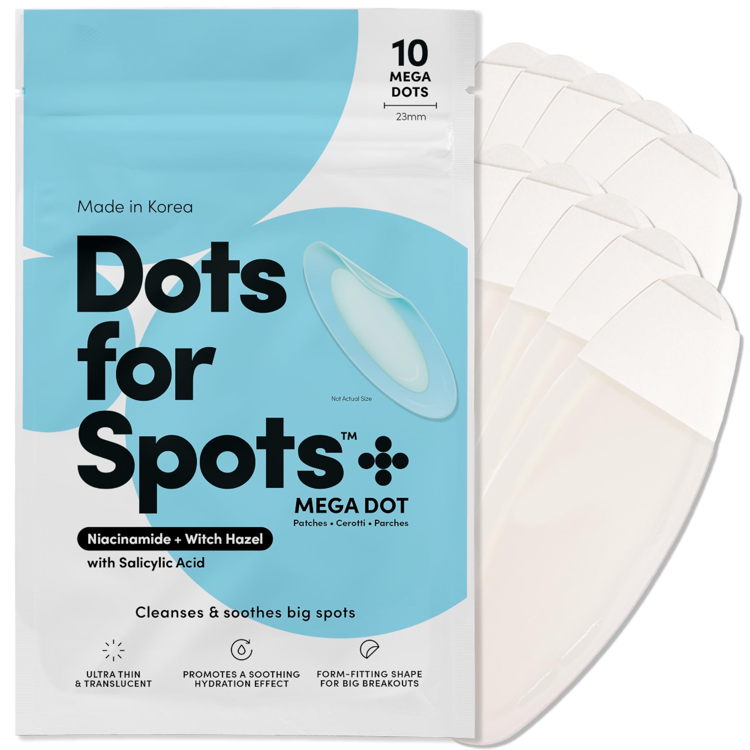Dots for Spots Mega Pimple Patches - Pack of 10 Fast Acting Spot Treatment Stickers Infused With Niacinamide and Salicylic Acid - Perfect For Back, Chin or Chest Acne