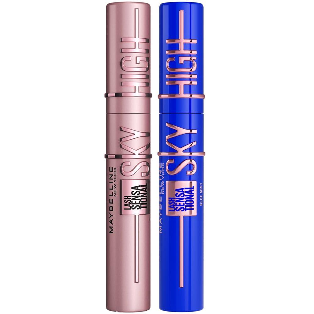 Maybelline New York Lash Sensational Sky High Mascara, Volumising & Lengthening, Washable Flake-Free Formula: Black + Blue Mist for Brown Eyes (Duo Bundle)