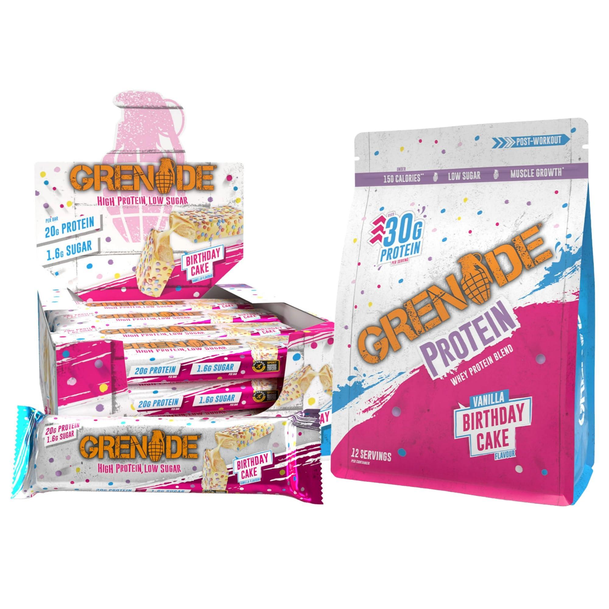Grenade High Protein, Low Sugar Birthday Cake Bundle - Birthday Cake Protein Bars, 12 x 60 g & Whey Protein Powder, 480 g