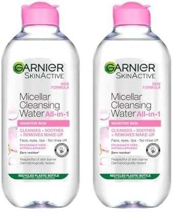 Garnier Micellar Cleansing Water, Gentle face Cleanser & Makeup Remover, Fragrance-Free, Vegan Formula, Suitable For All Skin Types, Even Sensitive, Skin Active, 400ml (Pack of 2)