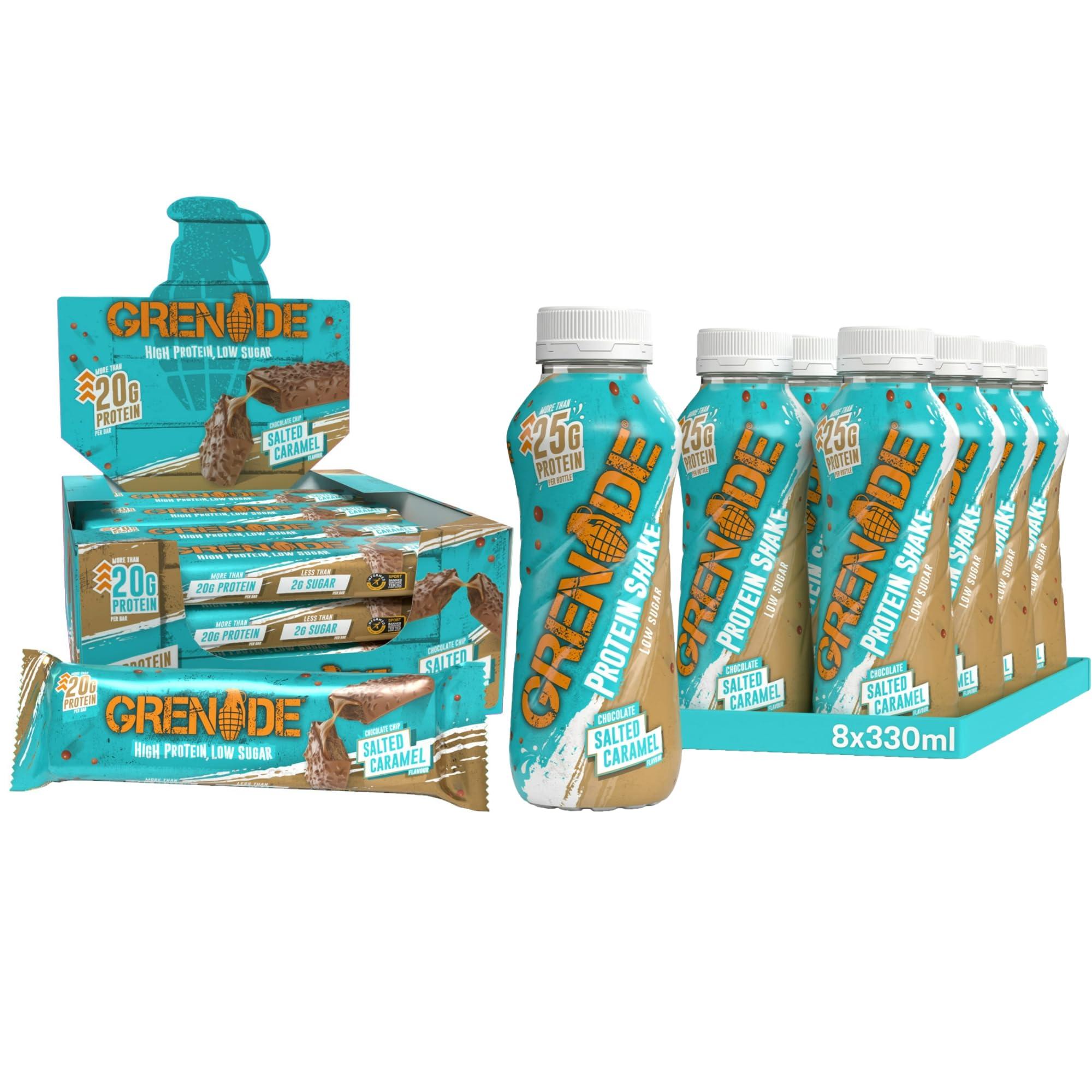 Grenade High Protein Shake - Chocolate Salted Caramel, 8 x 330 ml + Grenade High Protein, Low Sugar Bar - Chocolate Chip Salted Caramel, 12 x 60 g