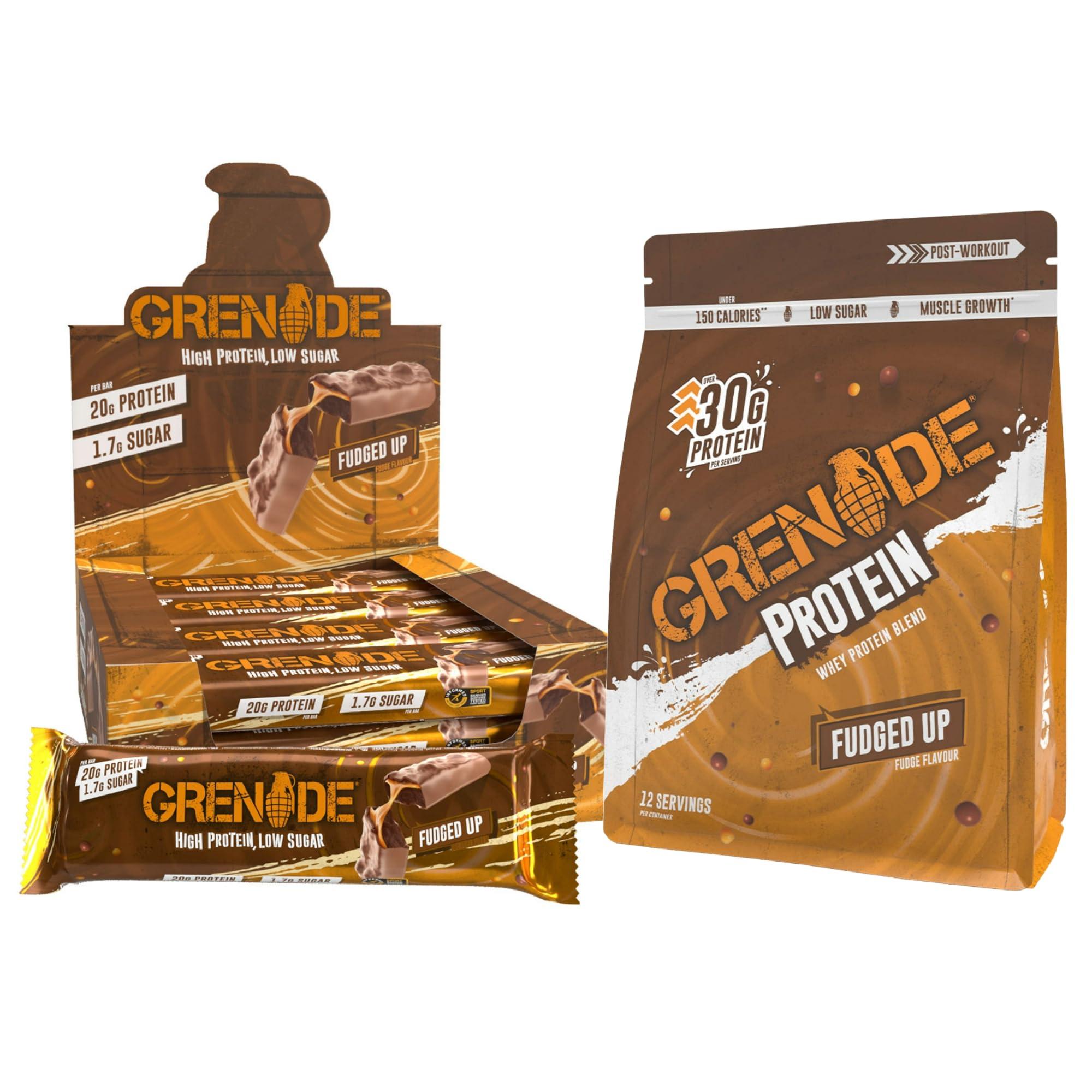 Grenade High Protein, Low Sugar Fudged Up Bundle - Fudged Up Protein Bars, 12 x 60 g & Whey Protein Powder, 480 g