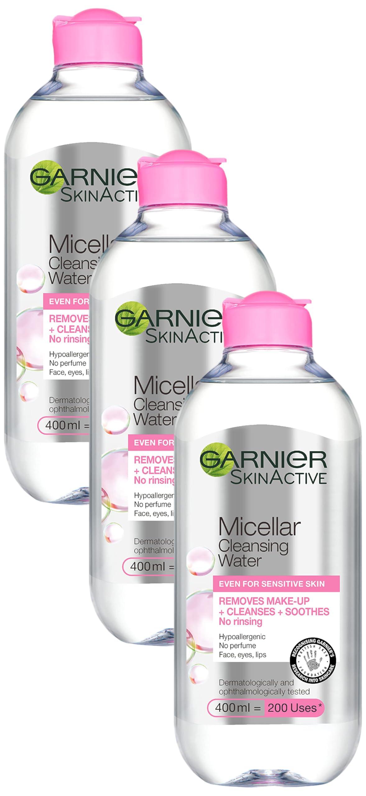 Garnier Micellar Cleansing Water, Gentle face Cleanser & Makeup Remover, Fragrance-Free, Vegan Formula, Suitable For All Skin Types, Even Sensitive, Skin Active, 400ml (Pack of 3)