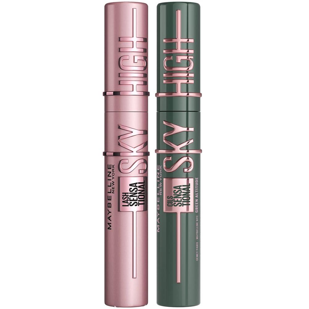 Maybelline New York Lash Sensational Sky High Mascara, Volumising & Lengthening, Washable Flake-Free Formula: Black + Green Altitude for Brown Eyes (Duo Bundle)