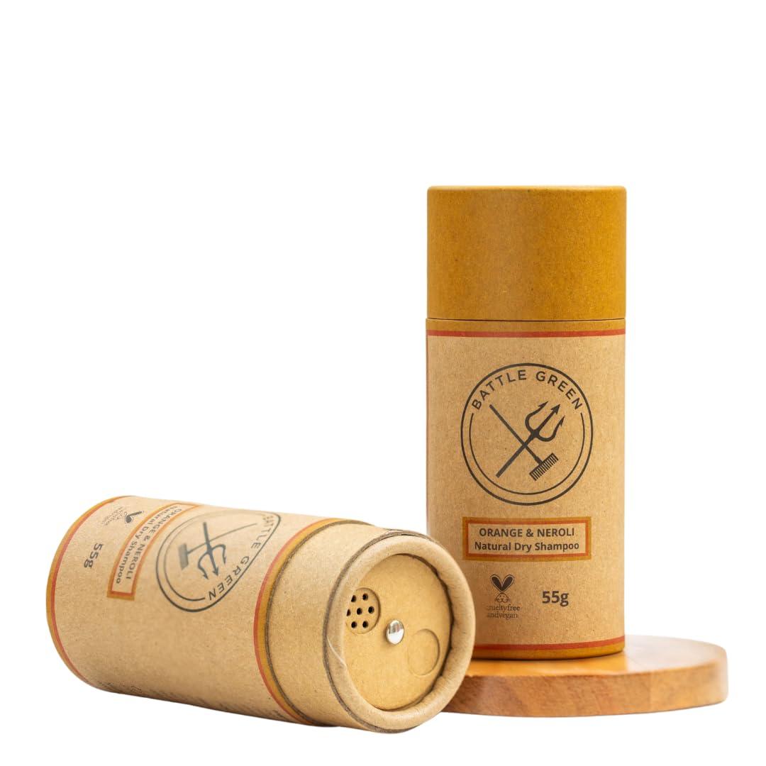 Battle Green Orange & Neroli Natural Dry Shampoo Powder - Vegan Friendly, Cruelty Free, Handmade UK, Zero Waste, Plastic Free Refillable Tube 55g